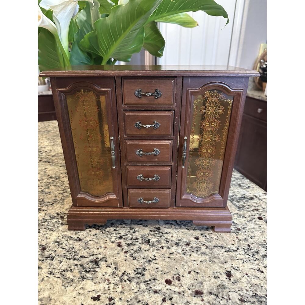 WOOD JEWELRY box with ROTATING necklace holders MIRROR IN-five CENTRAL DRAWERS